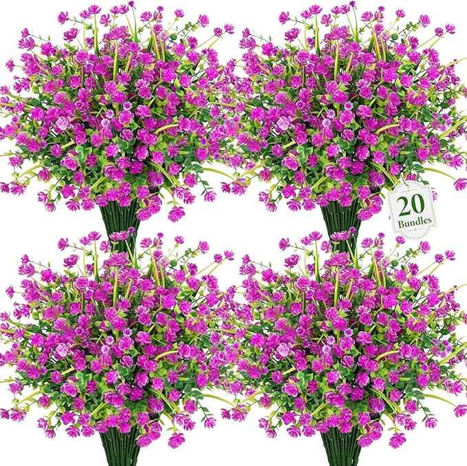 20 Bundles Artificial Flowers for Outdoors Fake Plastic Flowers UV Resistant Realistic Faux Plants Shrubs for Spring Summer Garden Porch Yard Patio Planter Window Box Home Decor, Fuchsia