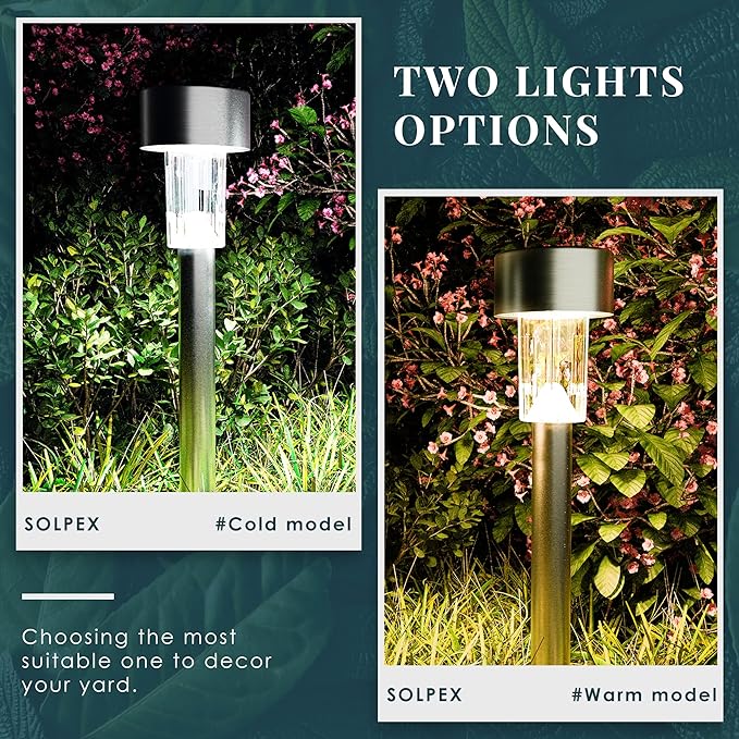 SOLPEX 16 Pack Solar Outdoor Lights Pathway, Stainless Steel Solar Lights Outdoor Waterproof,LED Landscape Lighting Walkway for Landscape/Patio/Lawn/Yard/Driveway-Cold White