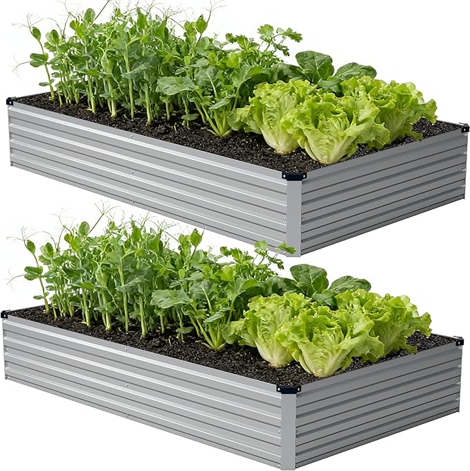 8x4x1 ft(2 Pack) Galvanized Raised Garden Bed,Outdoor Planter Box Metal Patio Kit Planting Bed for Vegetables Flowers and Succulents,Silver