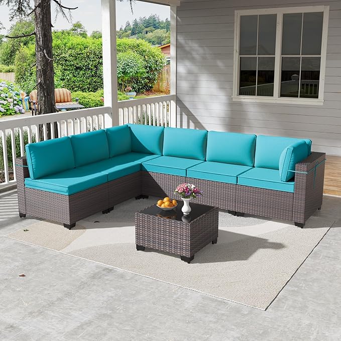 Kullavik 7 Pieces Outdoor Patio Furniture Set PE Wicker Rattan Sectional Sofa Patio Conversation Sets,Blue