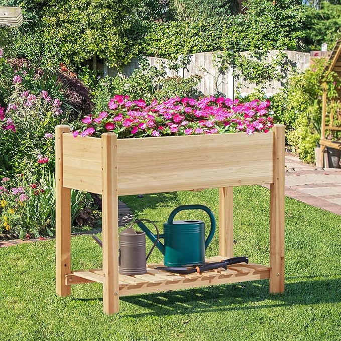 Yaheetech 34x18x30in Horticulture Raised Garden Bed Planter Box with Legs & Storage Shelf Wooden Elevated Vegetable Growing Bed for Flowers, Plants, Backyard, Patio, Balcony, Light Brown
