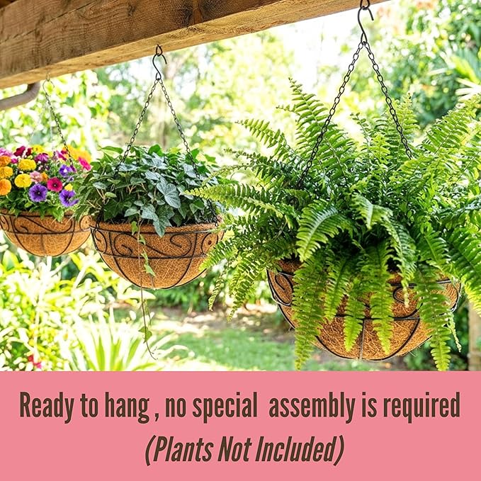 LaLaGreen Hanging Planter For Outdoor (20 Inch, 4 Pack) Extra Large Black Metal Wire Hanging Plant Planter with Coco Liner Round Garden Balcony Country Decor Flower Pot Holder Hanger Deck Porch Modern