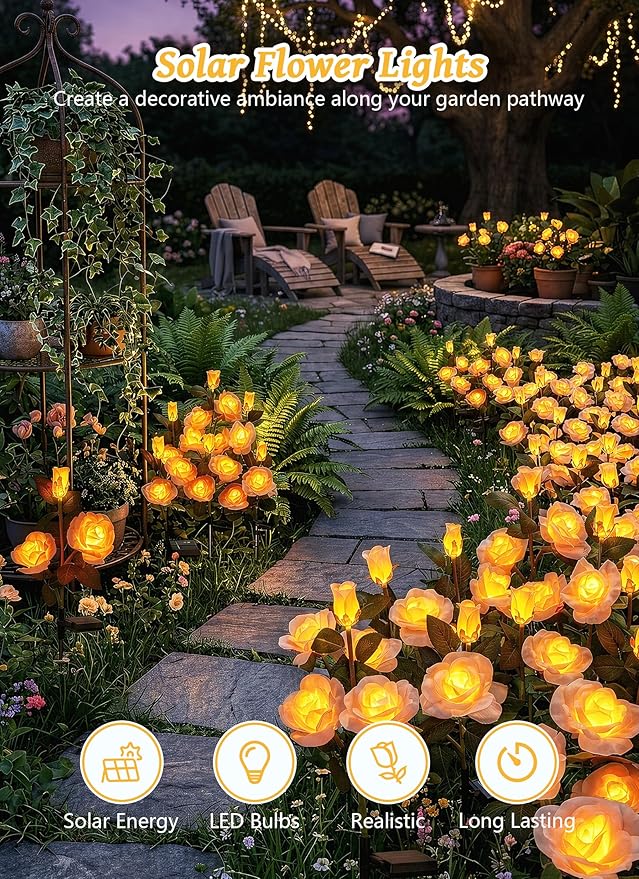 Brightown Outdoor Solar Flower Lights, 4 Pack Solar Garden Light with Larger & More Realistic Champagne Rose, Bigger Solar Panel, Waterproof Solar Lights Outdoor for Yard Garden Lawn Pathway Decor
