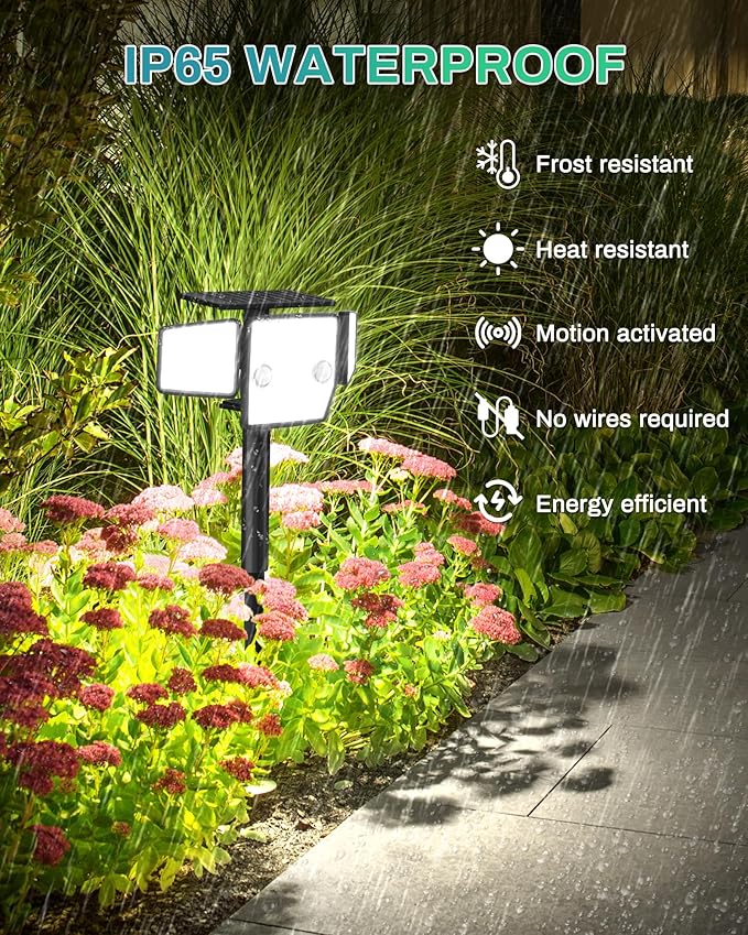 Solar Outdoor Lights with Stakes, 2500LM 180° PIR Motion Sensor, 360° Wide Angle Illumination, In-Ground or Wall Mount, IP65 Waterproof, 3 Modes, 236 LEDs Security Flood Light, 2 Pack