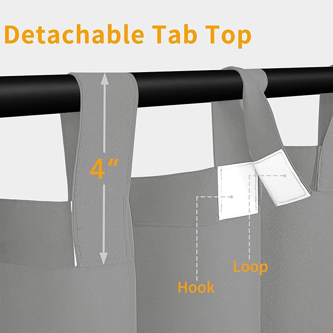 Easy-Going Outdoor Patio Curtains Detachable Tab Top Windproof Weatherproof Curtain for Cabana, Porch, Pergola and Gazebo, Tab Bottom Drape, 2 Panels, 54W x 96L inch, Light Grey
