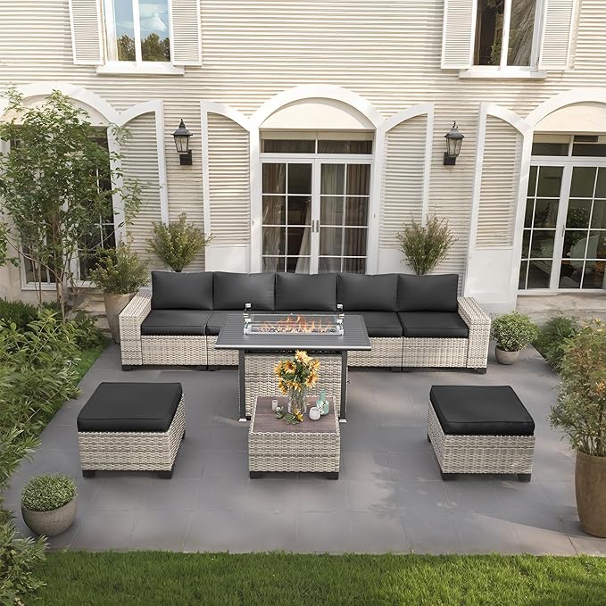 9-Piece Outdoor Patio Furniture Set with 55,000 BTU Fire Pit Table, PE Wicker Rattan Sectional Sofa Patio Conversation Set with Ottomans & Coffee Table, Dark Grey