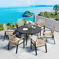 7 Pieces Patio Dining Set, 6 x Woven Rattan Chairs with Waterproof Cushion, 54” Metal Round Dining Table with Umbrella Hole, Outdoor Table and Chairs Set for Backyard Lawn and Deck