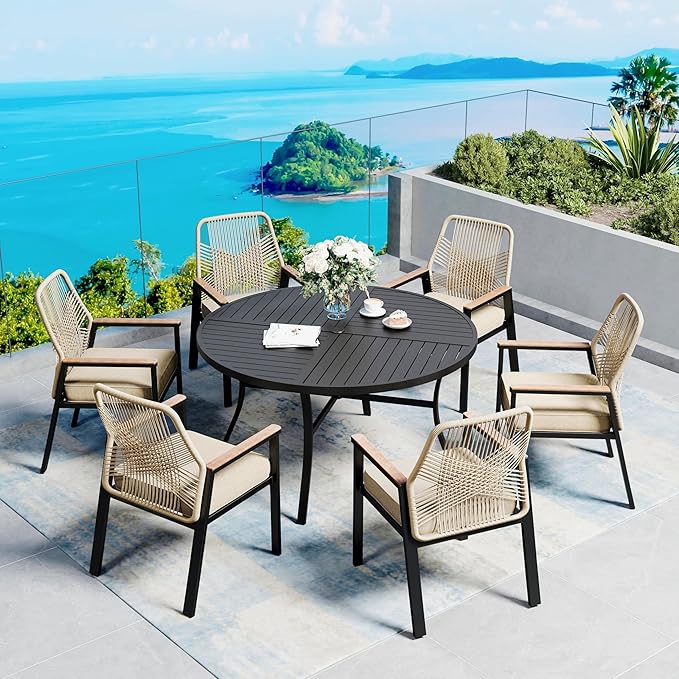 7 Pieces Patio Dining Set, 6 x Woven Rattan Chairs with Waterproof Cushion, 54” Metal Round Dining Table with Umbrella Hole, Outdoor Table and Chairs Set for Backyard Lawn and Deck