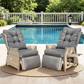 Outdoor Recliner with Adjustable Back and Footrest, Patio 150° Lay Flat Recliner with Flip Table Wicker Reclining Lounge Chair, Grey with Beige Wicker 2PCS