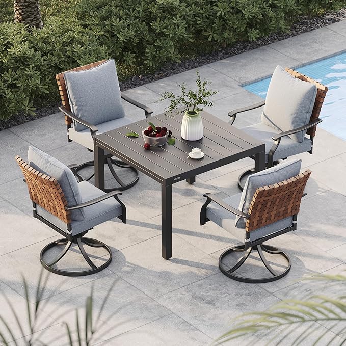 Grand patio 5-Piece Outdoor Dining Set, 4 Leather-Look Wicker Swivel Patio Chairs & 1 Expandable Dining Table, Black