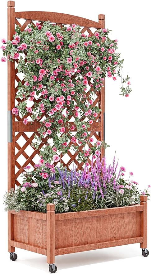 GarveeLife 1PC Wood Planter Box with Trellis - 29.5"x26"x61.5" Tall Raised Garden Bed with Wheels, Drainage Holes, Vertical Flower Stand for Patio Horticulture