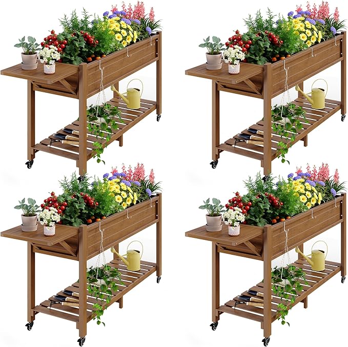 YEFU Raised Garden Bed with Legs: 57x18x30in Elevated Poly Planter with Wheels,Waterproof Mobile Raised Bed Garden, Elevated Planter Box Stand with Storage Shelf,for Herb,Carrot,Tomato (Teak,4pcs)