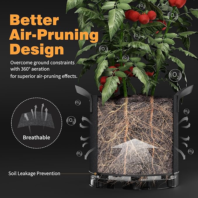 Self-Watering Grow Bags, 5-Pack 5 Gallon 420G Thick Nonwoven Fabric Pots with Reinforced Handles and Multi-Purpose Rings, for Low Stress Plant Training Fruits, Vegetables,and Flowers