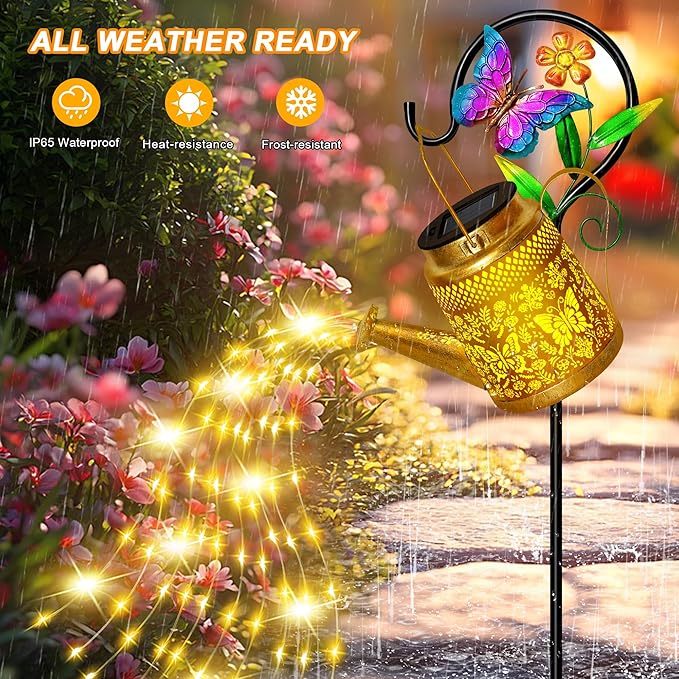 Solar Watering Can Lights Outdoor Garden Decor, Large Butterfly Hanging Lantern with Shepherd Hook, Waterproof Garden Lights for Outdoor Landscape Pathway Yard, Gift for Mom Grandma Christmas Gifts