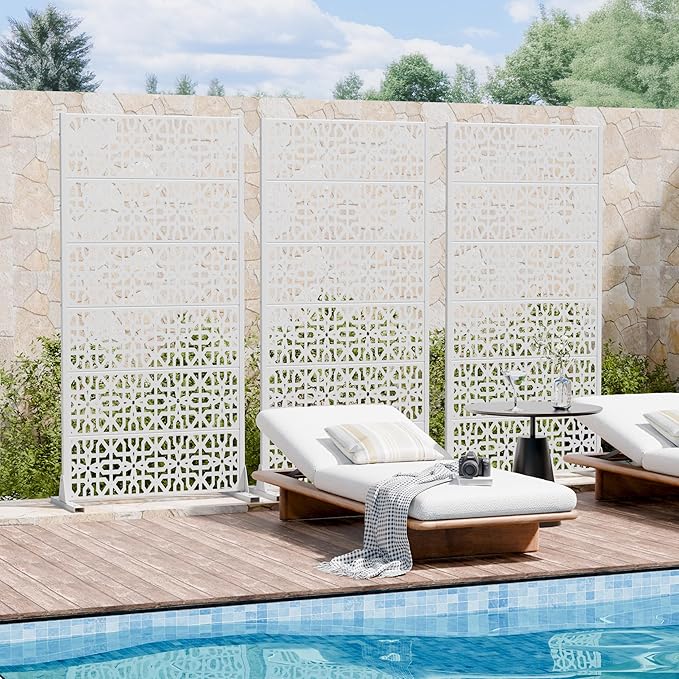 Casaphoria Metal Privacy Screen Outdoor, 72" H x 35" W Freestanding Decorative Privacy Screen for Patio Deck Balcony Garden with Stable Base, White-Perilla