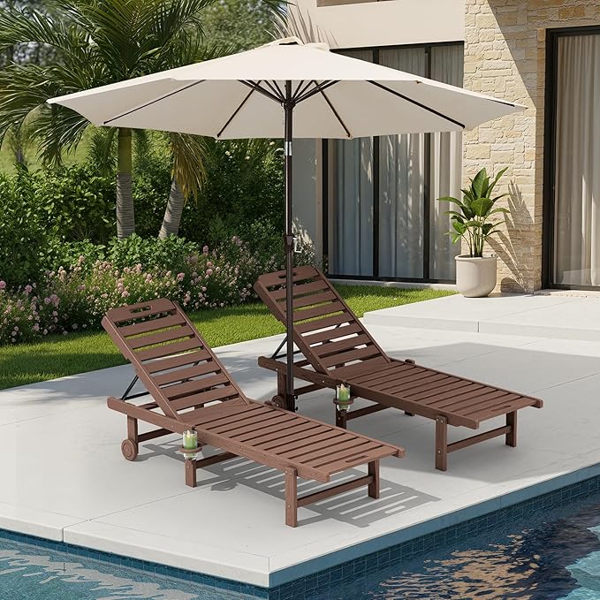 SERWALL Outdoor Chaise Lounge Set of 2 with 9FT Umbrella, HDPE Pool Lounge Chair with 5-Position Adjustable Backrest, Patio Lounger with Rolling Wheels & Cup Holder for Pool, Brown