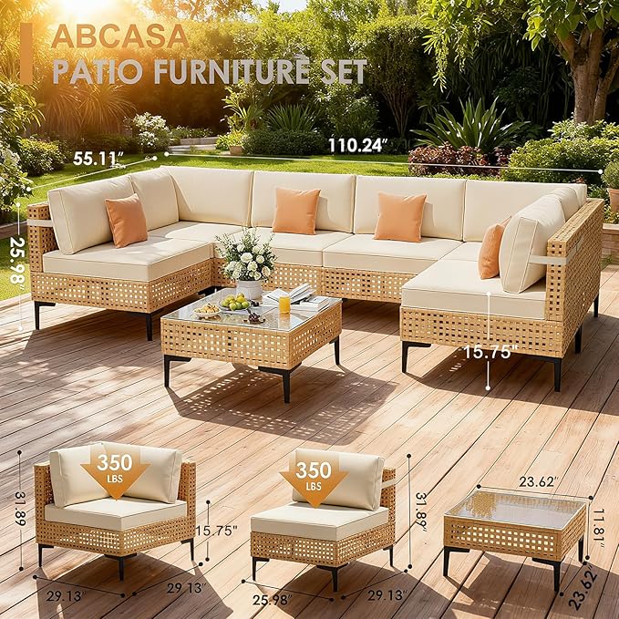 ABCASA Patio Furniture Set, 110" Large 7-Piece Wicker Outdoor Patio Furniture Sets with Anti-Slip Cushions & Coffee Table,Boho Patio Conversation Set Sectional Sofa for Backyard,Porch,Beige