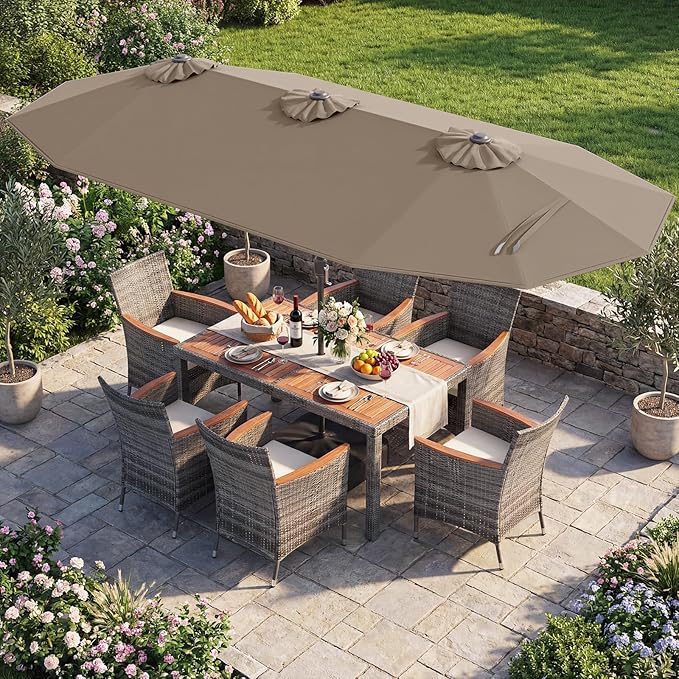 Tangkula 9 Pieces Rattan Outdoor Dining Set with 13Ft Solar Patio Umbrella for 6, Outdoor Wicker Table Set with 8 Cushioned Chairs, Acacia Wood Top, Outdoor Umbrella with Base Included