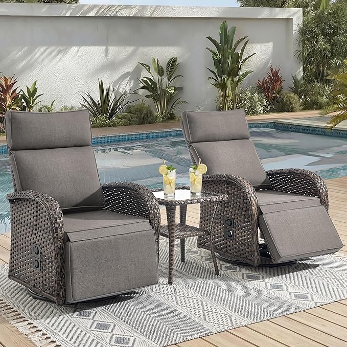 3 Pieces Zero Gravity Patio Swivel Rocking Recliner Chairs Set of 2 - Wicker Outdoor Lounge Chair with Side Table, Adjustable Backrest & Footrest, High Back Outdoor Recliner Chair for Pool Deck Gray
