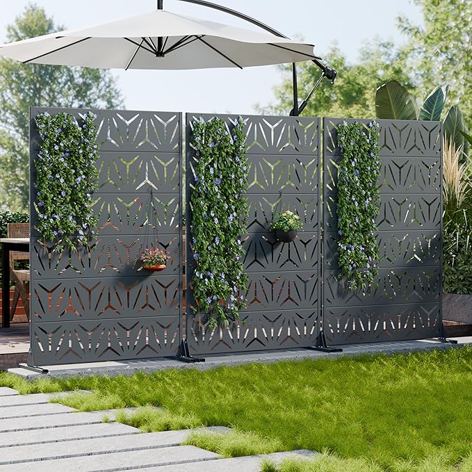 Casaphoria Metal Privacy Screen Outdoor, 72" H x 47" W Freestanding Decorative Privacy Screen for Patio Deck Balcony Garden with Stable Base, Grey-Star