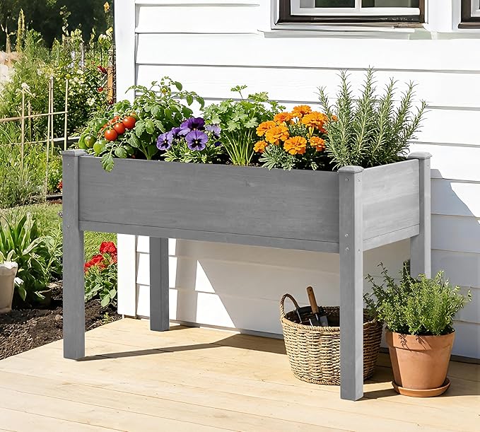 SoliWood Set of 2 Raised Garden Bed with Legs, 48x24x30'', Outdoor Wood Elevated Planter Box, Grey Cedar, Thick Legs, w/Liner