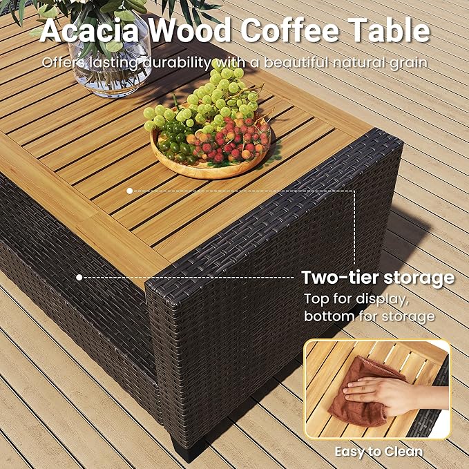 Wisteria Lane 4 Piece Patio Furniture Set, Wicker Outdoor Patio Conversation Furniture Set, All Weather Outdoor Patio Sofa with Cushion and Wood Table, Beige Wood