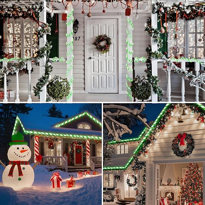Jnaurb Christmas Candy Cane Lights, 33ft 240 LED Connectable Flexible White & Green Candy Cane Rope Lights for Outside, 8 Modes Waterproof LED Christmas Light for Garden Patio Tree Holiday Party Decor