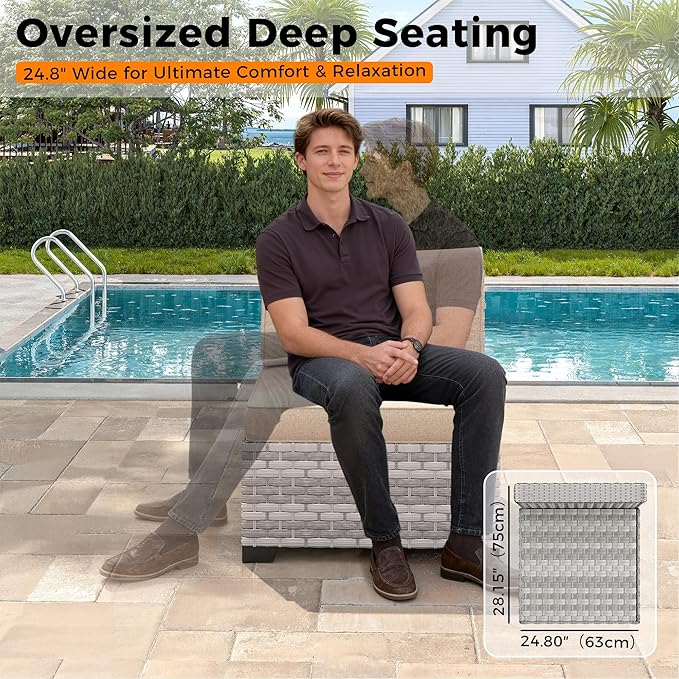 6-Seat Modern Outdoor Wicker Rattan Patio Furniture Set with 55,000 BTU Fire Pit Table, Thick 4″ Cushions, All-Weather Dual-Strand Rattan, Rust-Resistant Steel Frame,Beige