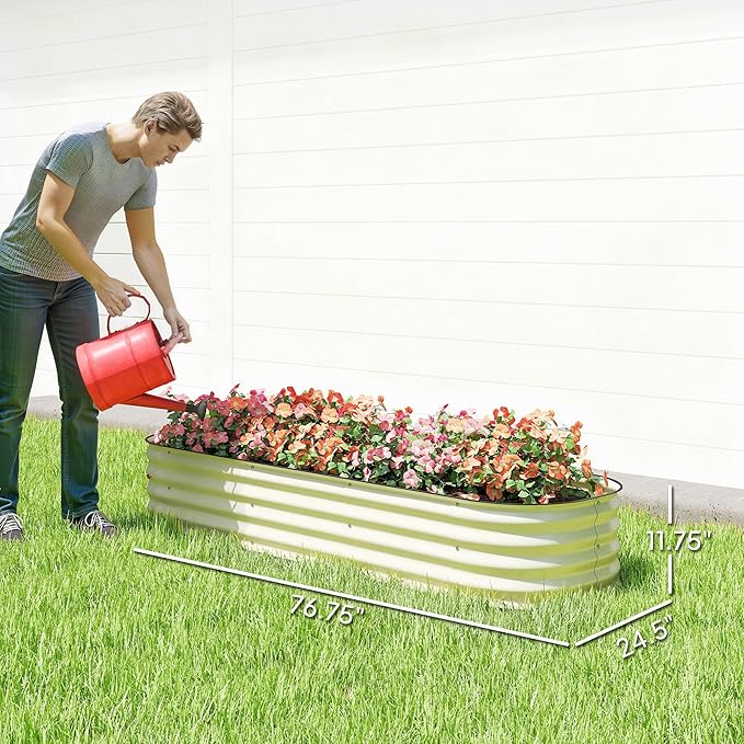 Outsunny 6.5' x 2' x 1' Galvanized Raised Garden Bed Kit, Outdoor Metal Elevated Planter Box with Safety Edging, Easy DIY Stock Tank for Growing Flowers, Herbs & Vegetables, Cream