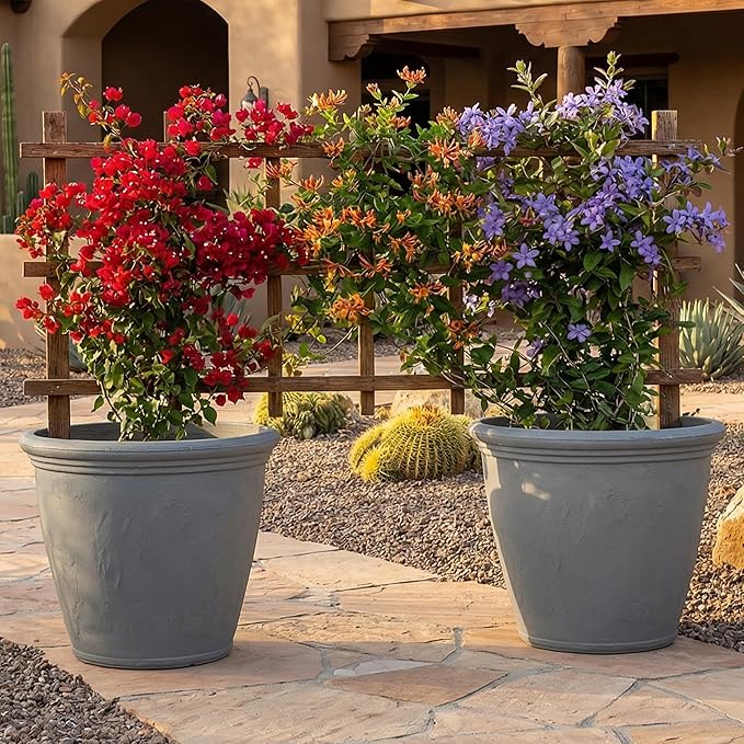 Sunnydaze 20-Inch Anjelica Large Plastic Pot for Plants - Outdoor Double-Walled Large Plastic Planter with Drillable Drainage Holes - Light Gray