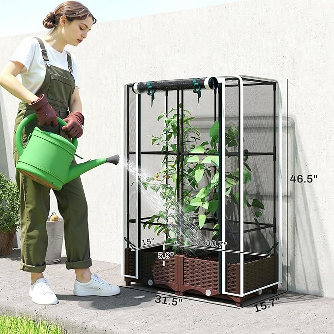 Outsunny Raised Garden Bed with Trellis, 46.5" Tomato Cage with Crop Cage, Self Watering Planter Box with Drainage Holes and Plugs for Outdoor Patio Climbing Plants, Vines, Vegetables, Flowers, White