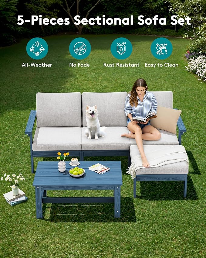 SERWALL Outdoor Sectional Sofa Set, 5-piece Outdoor Modula Couch Set with Ottoman, All Weather Patio Furniture Set with Chaise for Deck, Lawn, Blue Frame with Khaki Cushion