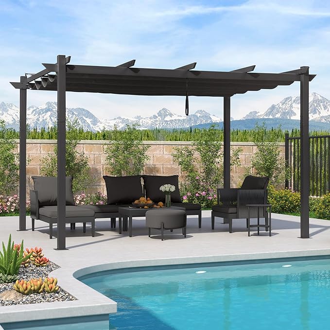 PURPLE LEAF 10' x 13' Aluminum Outdoor Pergola Wind-Resistant Retractable Pergola with Double Sun Shade Canopy Heavy-Duty Metal Pergola for Patios Backyard Deck Garden, Grey