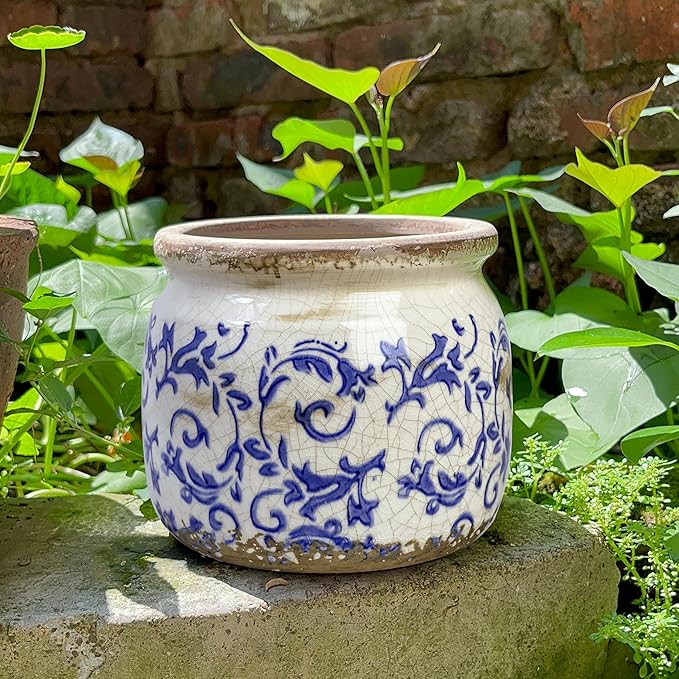 Flower Pot,Vintage Ceramic Pot for Planter with Drainage Holes, 6.29 inch Ice Crack Glazed Indoor Planters Pot for Indoor,Tuscan Home Decor,Gardening Gifts,Blue and White (Tropical)
