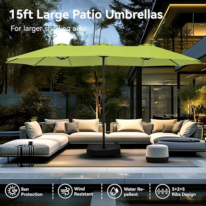 PHI VILLA 15ft Large Patio Umbrellas with Base, Outdoor Double-Sided Rectangle Market Umbrella for Pool Lawn Garden, Lime Green