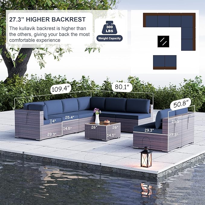 Kullavik 9 Pieces Outdoor Patio Furniture Set PE Wicker Rattan Sectional Sofa Patio Conversation Sets,Navy Blue