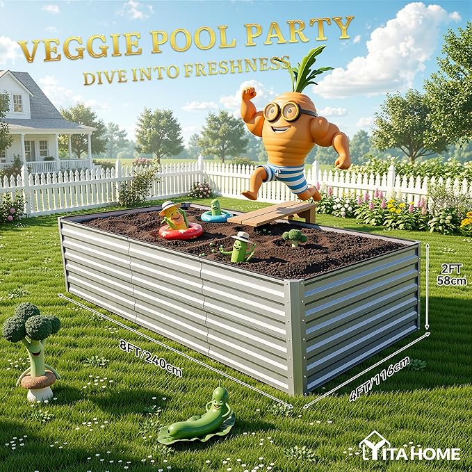 YITAHOME 8x4x2ft Large Raised Garden Bed Kit, Galvanized Metal Planter Box with Gloves, Ground Nails, Support Rod & Safety Rubber, Outdoor Above Ground Planters for Plants Vegetables Flowers, Silver