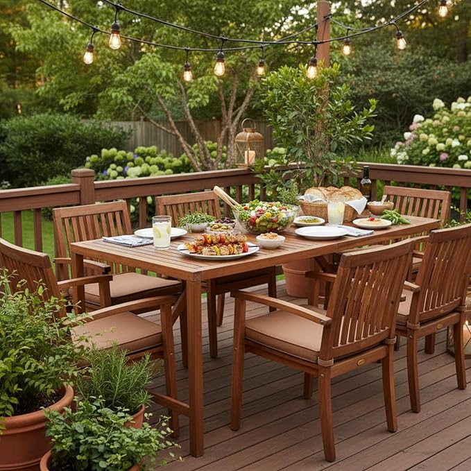 Tangkula 67" Acacia Wood Outdoor Dining Table for 6, Rectangle 6-Person Patio Table with 2" Umbrella Hole & Spacious Slatted Tabletop, Indoor Outdoor Dining Furniture for Deck, Garden, Poolside & Yard