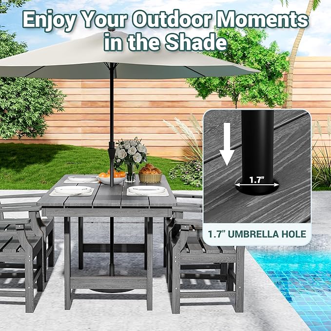 Pamapic 5-Piece Outdoor Dining Set, HDPE Outdoor Rectangular Table and 4 Chairs, Wood Grain Patio Furniture Sets with Armrest, All-Weather Patio Dining Table with Umbrella Hole, Gray