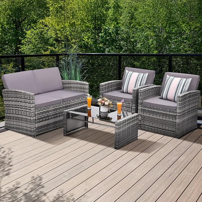 4-Piece Patio Furniture Set, Wicker Outdoor Rattan Sectional Sofa with Cushions and Glass Table, All-Weather Outdoor Conversation Set, Ideal for Garden, Porch, Backyard, Grey