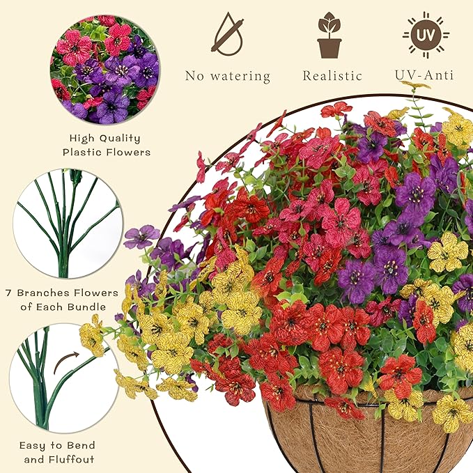 Senjie 2 Set Artificial Hanging Flowers with Basket for Outdoor Decor, UV Resistant 24 Bundles Faux Flowers Fake Hanging Planter for Porch Patio Balcony
