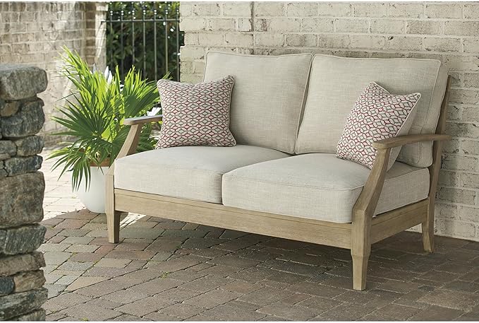 Signature Design by Ashley Clare View Coastal Outdoor Loveseat, Cushioned with Nuvella Fabric, Protective Finish, Eucalyptus Wood, 55.5" W x 35" D x 32" H, Beige