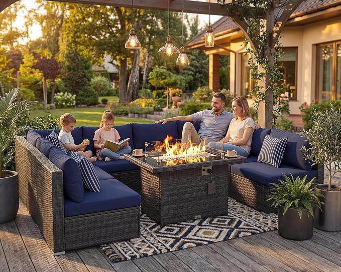 NICESOUL Extra Large 9 Pcs Outdoor Patio Furniture Set with Fireplace Natural Gas/Propane, 29.3'' High Back Modular Sectional Sofas, Modern Conversations for Outside, 2 Color Cushion Royal Blue &Grey