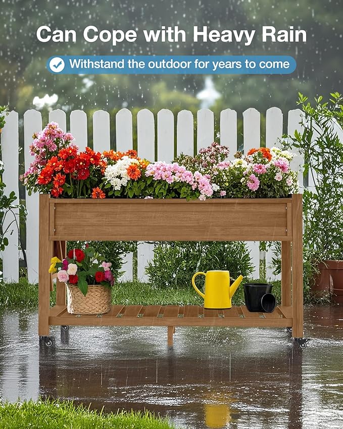 YEFU Raised Garden Bed with Legs: 57x18x30in Weight Capacity 400lb - Waterproof Raised Planter Box with Wheels - Elevated Garden Bed with Storage Shelf - Weather Resistant - for Deck/Patio/Porch/Teak