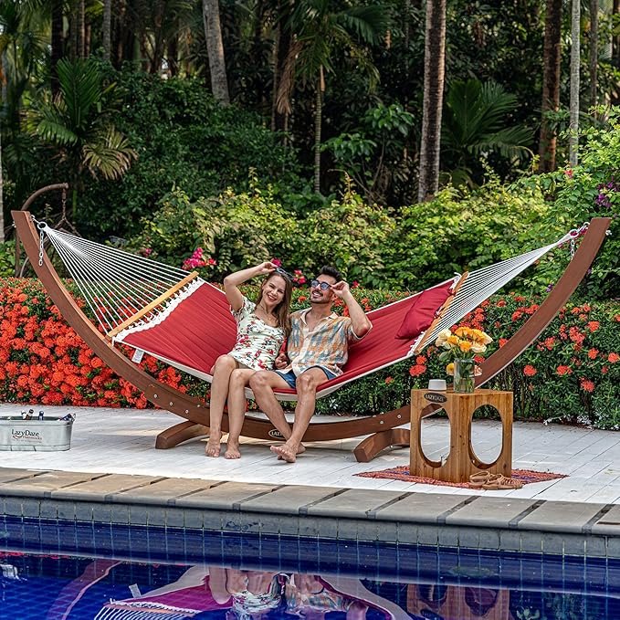 Lazy Daze Hammocks 12 FT Double Quilted Fabric Hammock with Spreader Bar and Detachable Pillow, 2 Person Hammock, 450lbs Weight Capacity, Burgundy