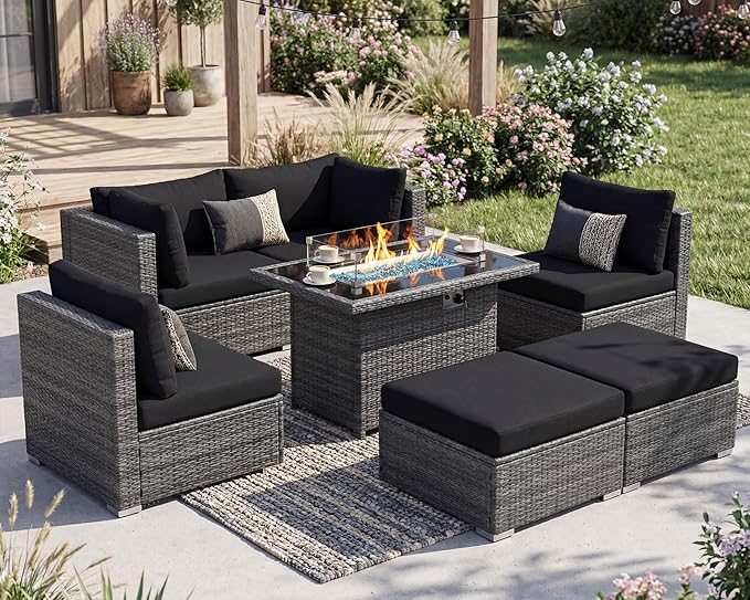NICESOUL 7 Piece Outdoor Patio Sectional Furniture Set with Firepit Natural Gas/Propane, 29.3'' High-Back Comfy Conversations for Outside, Oversized Wide Wicker Couches, 2 Color Cushion Black & Gray