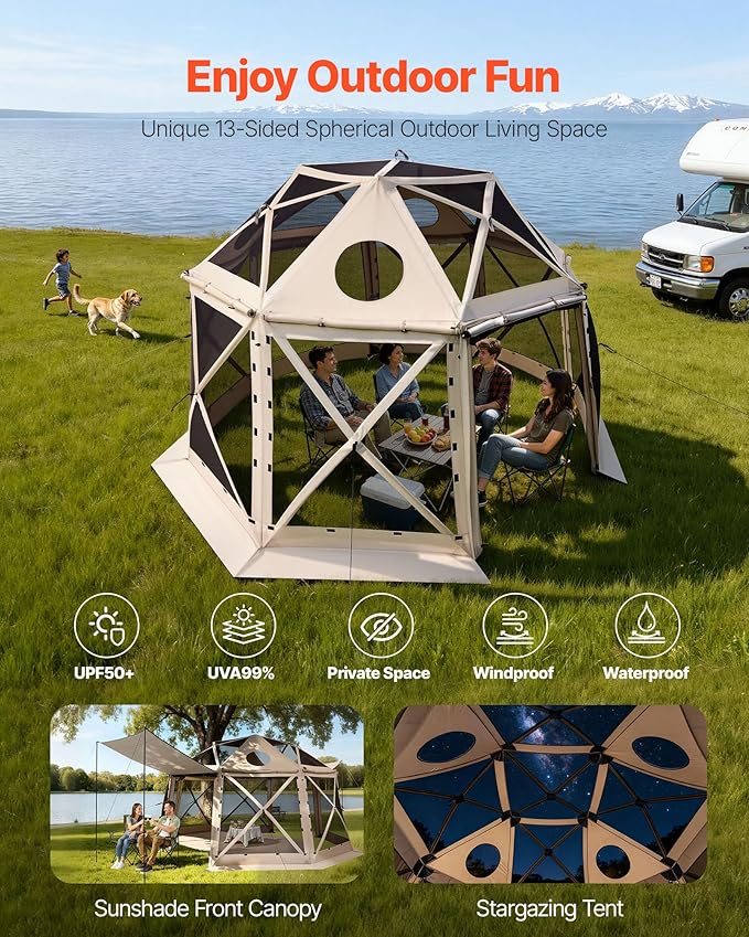 VEVOR Pop up Gazebo Screen Tent, 12 x 12 ft, 13-Sided Spherical Camping Canopy Tent with Removable Top & Carry Bag, Quick-Set & Bite-Proof, Screen House Sun Shelter for 8-10 Persons, Beige