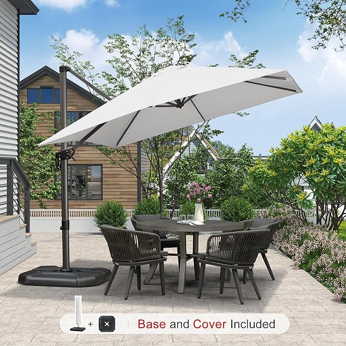 PURPLE LEAF 9'×9' Patio Umbrella with Base Outdoor Cantilever Umbrella with Cover Aluminum Square Offset Umbrella with 360-degree Rotation for Deck Pool Garden White