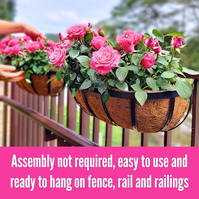 LaLaGreen Deck Railing Planter Boxes (16 Inch, 2 Pack) Black Metal Rectangular Hanging Planters with Coco Liner, Adjustable Flower Planter Box Brackets for Plants Fence Balcony Patio Porch Over Rail