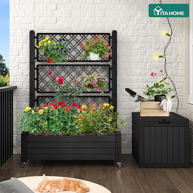 YITAHOME 3.6x1.5x5 FT Planter Box Trellis with Wheels, Large Outdoor Plastic Raised Garden Bed with Drain Plug for Climbing Plants, Black